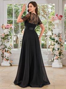 UNITHORSE Women's Square Neck Lace Short Sleeve Patchwork Solid Color Chiffon Pleated Waist Flare Elegant Bridesmaid Dress