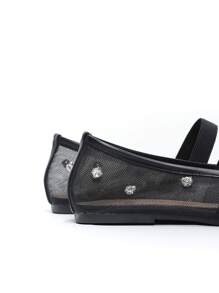 时尚女士透气黑色网眼和水钻装饰芭蕾平底鞋，优雅的夏季度假便鞋 - 黑色 - 查看 4