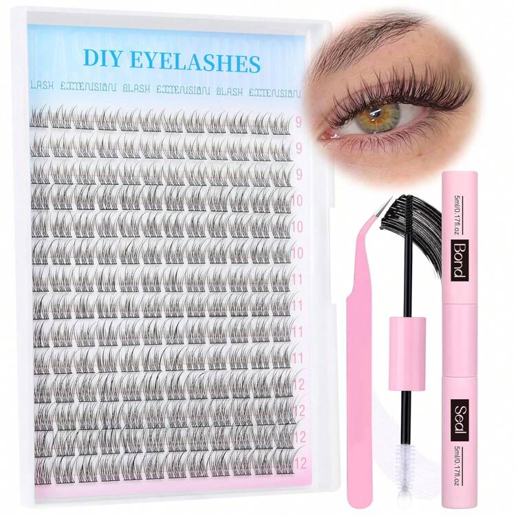168Pcs D Curl Natural Lash Extension Kit 168Pcs Lash Clusters Kit Wispy Eyelash Extensions 9-12MM Individual Lashes Extensions With Bond And Seal Lash Glue And Eyelash Extension Tweezers DIY At Home Lash Clusters Kit,Lashes,Eyelashes,Fake Lashes