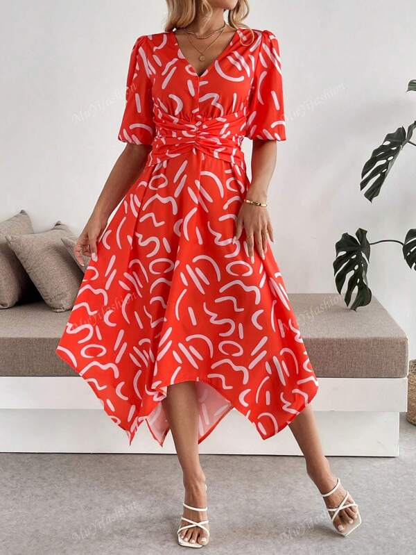 Graphic Print Puff Sleeve V-Neck Woven Elastic Waist A-Line Long Dress