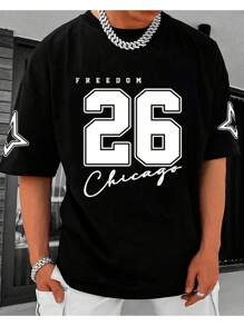 Camiseta Básica Masculina 100% Algodão Freedom 26 Chicago Star Camisa Casual Estampada Blusa Malha Premium Gola Redonda Reforço Ombro A Ombro Lançamento - Preto - Visão 1