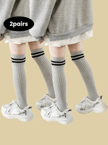 2 Pairs Kids Socks With Stripe Pattern, Seamless Long Tube Design, Suitable For 3-12 Years Old Boys & Girls, Great For Daily Wear And School Use