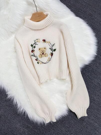 Women's Bear & Floral Embroidery Turtleneck Lantern Sleeve Knit Sweater, Autumn/Winter