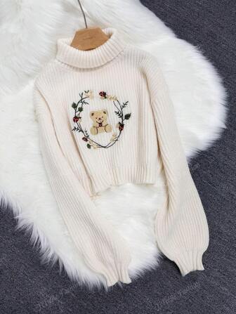 Kvinnors björn & blommor broderi Turtleneck Lyktärm Stickad tröja, höst/vinter