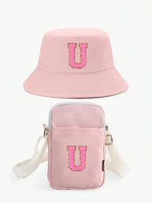 2pcs/Set Kids 26 Letter Bucket Hat & Bag Set, Suitable For Boys And Girls Daily Outing Fashion Matching, Perfect Gift, Spring & Summer - Pink - View 79