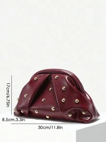 Women's Vintage Minimalist Crocheted Beach Bag With Woven Texture, Angola Red Rivet Decoration, Large Capacity Pleated Cloud Clip Handbag, Suitable For Party, Date, Daily Matching