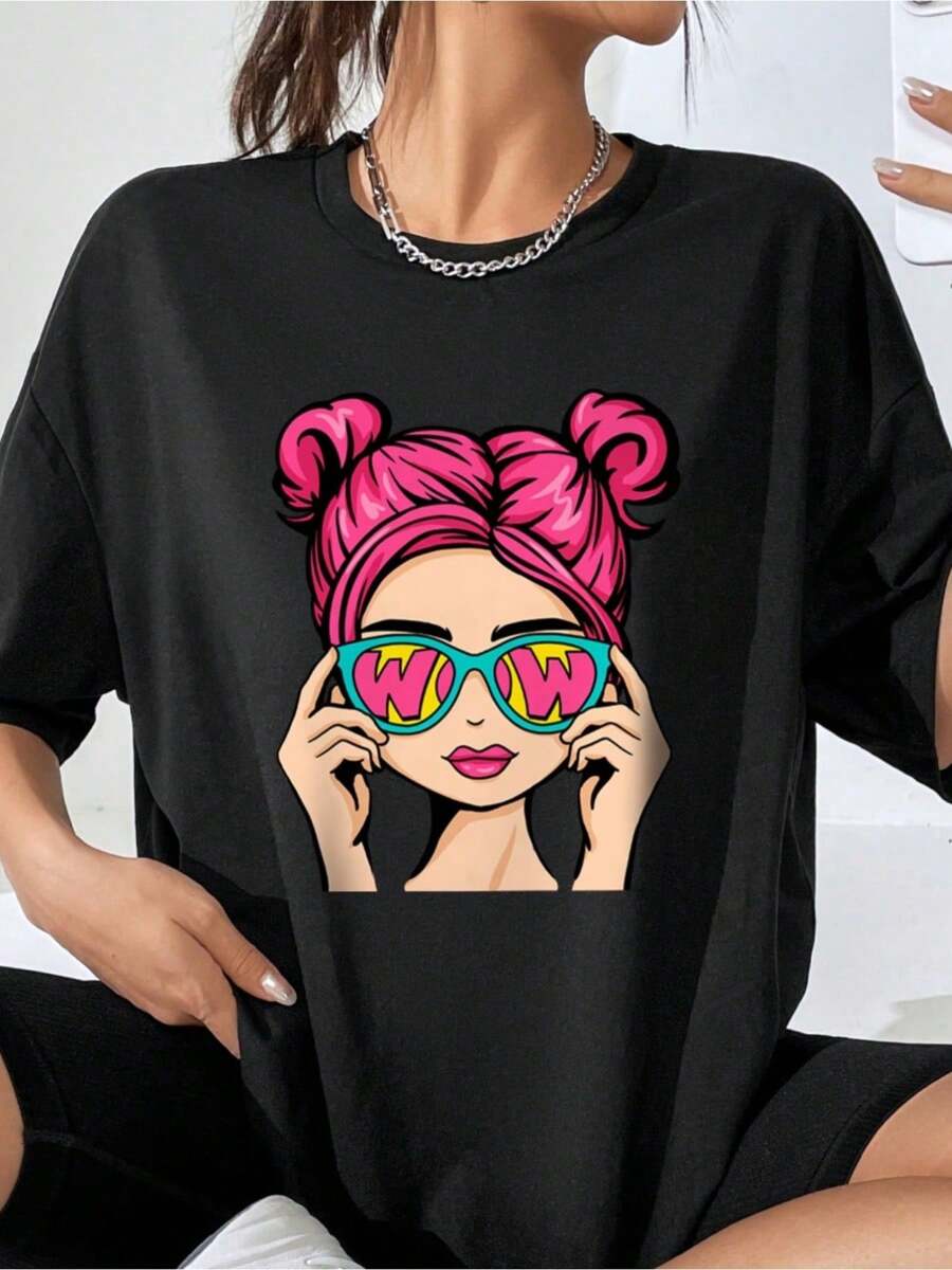 A Women's Fashion Casual T-Shirt, A Large Size Casual Short-Sleeved Blouse With Cartoon Girl Pattern, Four Seasons Women's Large Size Comfortable Jumper - 黑色 - 查看 1