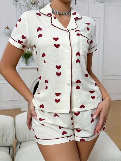 2Pcs Women Heart Print Textured Pajama Set - Ultra-Comfortable Casual Short Sleeve Buttons Lapel Top & Stretchy Elastic Shorts For Relaxation - Soft Sleepwear For A Restful Nights Sleep,Two Pieces Set