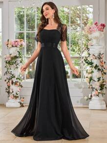 UNITHORSE Women's Sweetheart Neck Lace Short Sleeve Patchwork Solid Color Chiffon Pleated Waist Flare Elegant Bridesmaid Dress, For Valentine's Day - Black - View 6