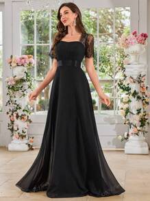 UNITHORSE Women's Square Neck Lace Short Sleeve Patchwork Solid Color Chiffon Pleated Waist Flare Elegant Bridesmaid Dress