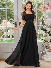 UNITHORSE Women's Square Neck Lace Short Sleeve Patchwork Solid Color Chiffon Pleated Waist Flare Elegant Bridesmaid Dress
