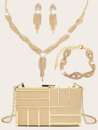 4 Pieces Rhinestone Jewelry Set Bling Necklace Earrings Bracelets Set Jewelry For Wedding Handbag Ladies' Dinner Bag Handbag Wedding Party Handbag Mini Geometric Metal Handbag Hollow Metal Evening Handbag Ladies' And Girls' Diagonal Cross Handbag Wedding Handbag