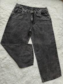 calca jeans wideleg femenina cintura alta plus size - Cinza - Visão 1