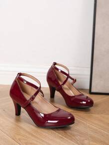 圣诞派对必备女士踝带粗跟鞋，优雅纯色搭扣高跟鞋，百搭正式鞋，酒红色高跟鞋，红色婚鞋，女士高跟鞋，圆头酒红色鞋，锥形跟高跟鞋，女士高跟鞋，亮面酒红色漆皮鞋，拉丁舞鞋，女士厚底高跟鞋 - 酒紅色 - 查看 5