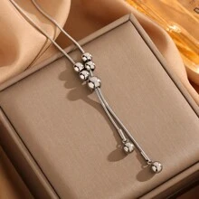 18k Titanium Steel Gold And Silver Pull-Out Ball Beads Retro Design High-End Long Sweater Chain - Bạc - Xem 3