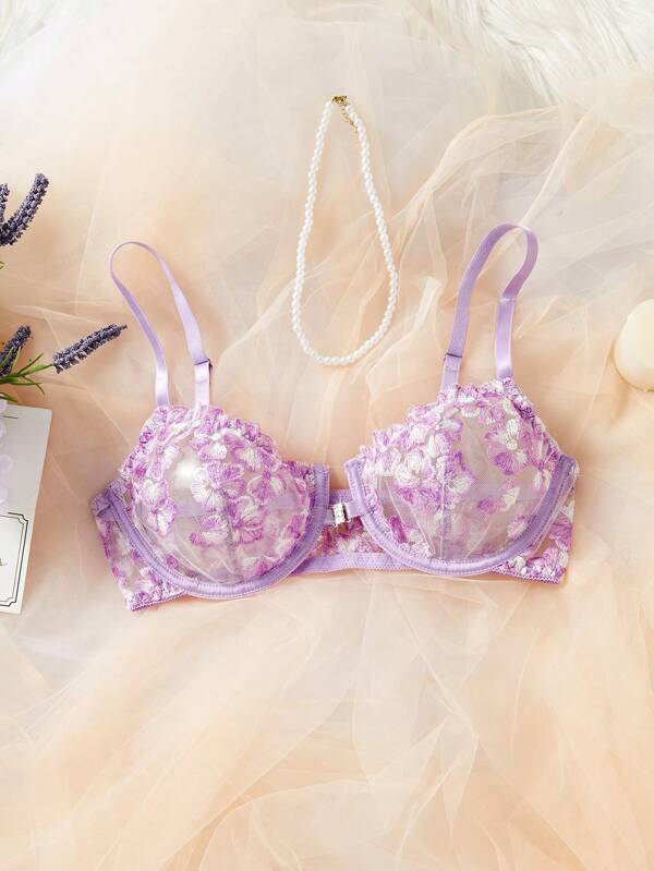 Floral Embroidery Mesh Women's Bra, Fashion Underwear