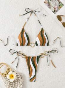 LUCKY HOLIDAY Fashionable Sexy Gold Circle Triangle Tie-Up Bikini Set, For Summer Beach Vacation