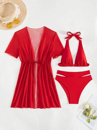 Three Pieces Solid Color Fashion Separate Sexy Swimwear With Sun Protection Cover-Up.