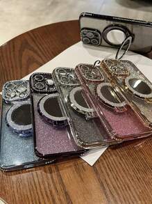 Luxury Electroplated Rhinestone Glitter Makeup Mirror Magnetic Stand Phone Case Compatible With IPhone 16E 15 14 13 12 11 X XS Max XR Pro Plus, Galaxy A02S A03 A03S A04 A05 A06 A12 A13 A14 A15 A16 A22 A23 A24 A25 A26 A32 A33 A34 A35 A36 A50 A51 A52 A53 A54