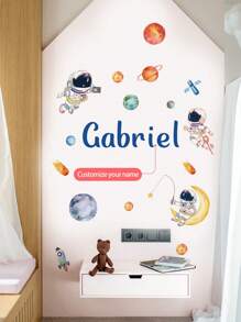 1pc Personalized Name Astronaut Wall Sticker For Boys Bedroom, Cartoon Spaceman Alien Planets Creative Removable Wall Decal, Star Spaceship Wallpaper Decoration For Kids Room, Nursery Gifts Birthday Graduation