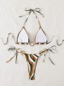 LUCKY HOLIDAY Fashionable Sexy Gold Circle Triangle Tie-Up Bikini Set, For Summer Beach Vacation