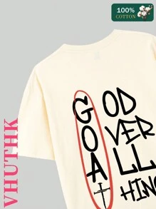 (220 Pure Cotton T-Shirt)    Men's Summer Round Neck Short Sleeved Casual Pure Cotton Print  GOD OVER ALL THINGS - 米色 - 查看 3