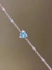 1pc S925 Sterling Silver Vintage Elegant Heart Shaped Aquamarine Zirconia Pendant Bracelet, Versatile Jewelry Gift For Women, Suitable For Daily Wear, Parties And Holidays Valentine's Day - Navy Blue Heart Bracelet for Women - View 8