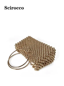 New Handmade Beaded Bag, Cube Shaped Circular Top Handle Bag, Casual Versatile Faux Pearl Beaded Bag - Gold - View 6