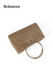 New Handmade Beaded Bag, Cube Shaped Circular Top Handle Bag, Casual Versatile Faux Pearl Beaded Bag - Gold - View 8