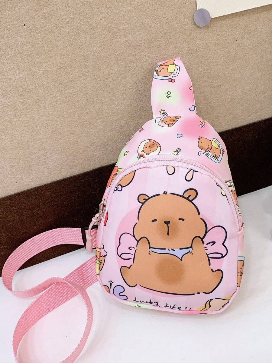 儿童可爱卡通水豚图案印花胸包，轻便运动休闲腰包和单肩包，户外旅行度假腰包配有可调节肩带，日常通勤手机零钱斜挎包 - 粉色 - 查看 1