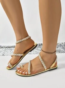 Women's Summer Flat Roman Sandals, High-End Rhinestone Thong Open-Toe Fashionable Casual Comfortable Rounded Toe Slippers - Gold - View 3