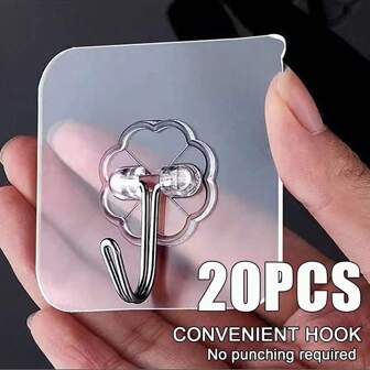 20pcs Wall Hooks, Heavy Duty Self-Adhesive Hooks, Waterproof, Greaseless, Transparent Seamless Hooks, Suitable For Bathroom & Kitchen