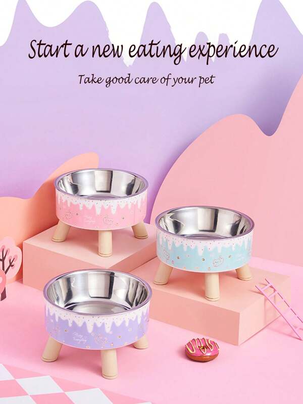 1pc Ice Cream Print Design Pet Elevated Feeder Bowl, Anti-Slip Anti-Spill Large Capacity Pet Food & Water Bowl