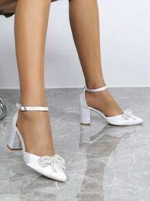 Zapatos de tacón alto de mujer con puntera blanca en punta, lazo de perlas, tacón ancho, casuales, de moda, cómodos, para fiestas, elegantes, minimalistas y de