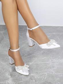 Zapatos de tacón alto de mujer con puntera blanca en punta, lazo de perlas, tacón ancho, casuales, de moda, cómodos, para fiestas, elegantes, minimalistas y de