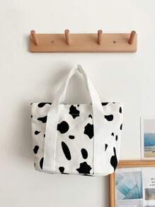 Milk Pattern Printed Tote Bag/Lunch Bag, Solid Color Niche Design Casual Versatile Minimalist Stylish Handbag For Daily Commute - Black and White - View 2