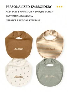 [Customized Item] 1pc Personalized Printed Baby Bib, Snap Button Soft Absorbent Baby Drool Bib, Children Feeding Bib, Breathable Skin-Friendly, Strong Absorbency, Exclusive Customized Embroidered Name, Newborn Gift, Christmas, Halloween, New Year Gift - Multicolor - View 5