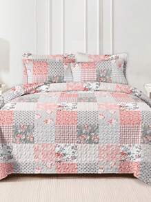 2/3 Pieces Bed Quilt Set (1 Bed Quilt + 1/2 Pillow Case), Fashionable Floral Plaid Patchwork Design, Fresh And Simple, Comfortable Soft And Breathable, Suitable For Bedroom, Home, Dorm, Hotel, Home Decor, Spring, Summer, Autumn, Winter - Pink - View 2