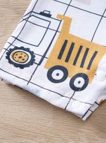 Baby Boy Summer Cartoon Car & Plaid Allover Print Bib Romper