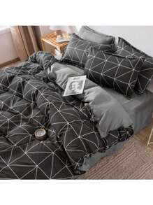 4件套条纹印花床上用品套装，包括1张床单+1个被套+2个枕套，不含枕芯或被芯，亲肤柔软舒适，线条简洁 - 黑色 - 查看 4