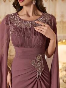 SUPGIR Đầm nữ cổ tròn tay áo choàng, eo nhún bèo, dáng ôm, viền đính sequin, xẻ tà cao, thích hợp dự tiệc, đám cưới, lễ phục, đầm dạ hội, đầm thanh lịch mùa xuân. - Bụi hồng - Xem 4