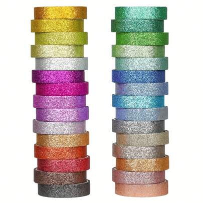 15pcs/30pcs Assorted Color Shiny Decorative Washi Tape Set, 10mm Thin Colorful Tapes For Crafts, Gift Wrapping, Scrapbooking, Planners, Bullet Journals, DIY Precision Decorating, Students Back To School