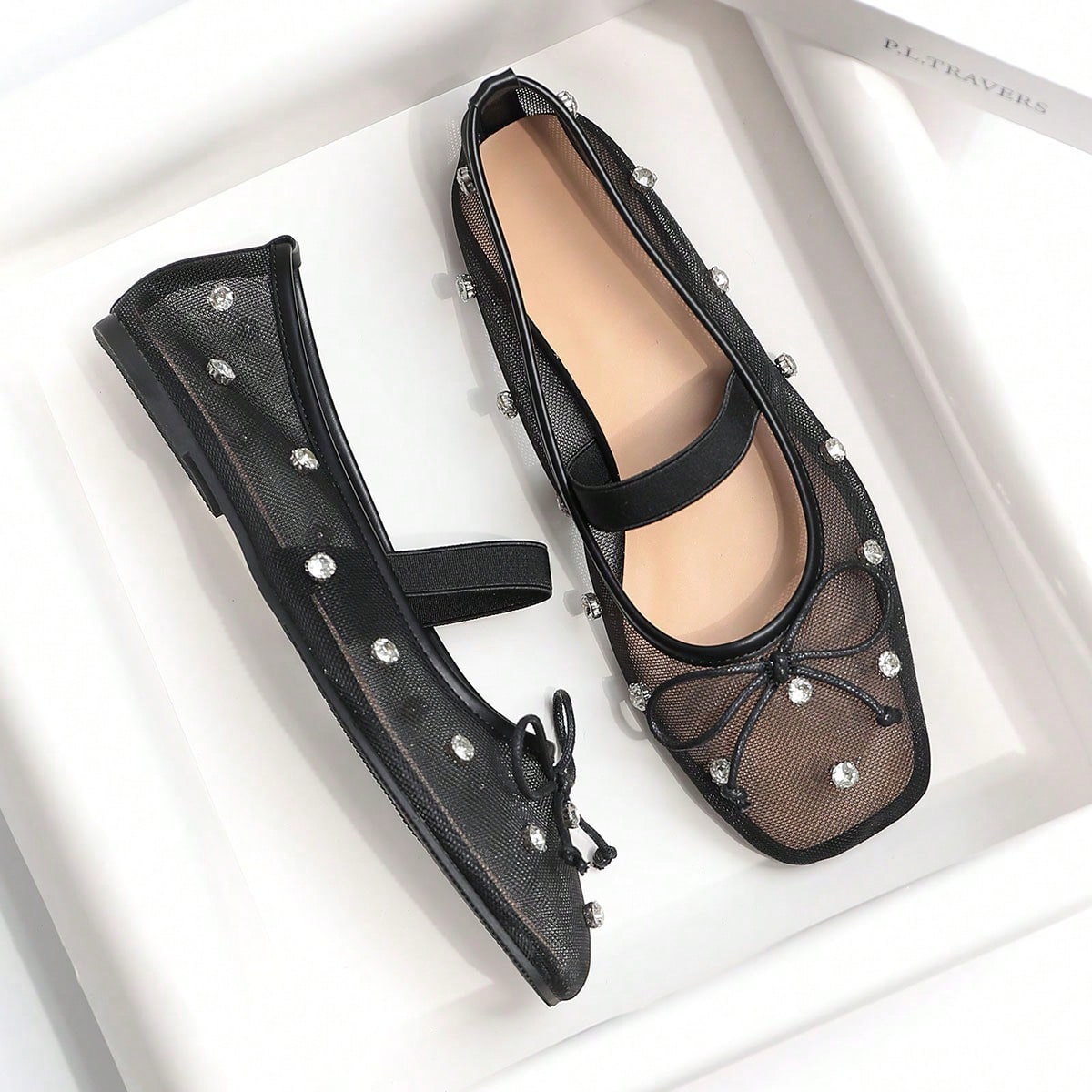 Bailarinas elegantes de malla negra transpirable y con adornos de cristales para mujer, zapatos slip-on elegantes para vacaciones de verano