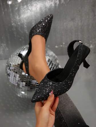 女士侧镂空后带高跟鞋，时尚闪亮装饰优雅镂空设计性感，适合办公室女士，黑色百搭正式派对高跟鞋