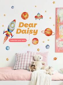 1pc Personalized Name Astronaut Wall Sticker For Boys Bedroom, Cartoon Spaceman Alien Planets Creative Removable Wall Decal, Star Spaceship Wallpaper Decoration For Kids Room, Nursery Gifts Birthday Graduation