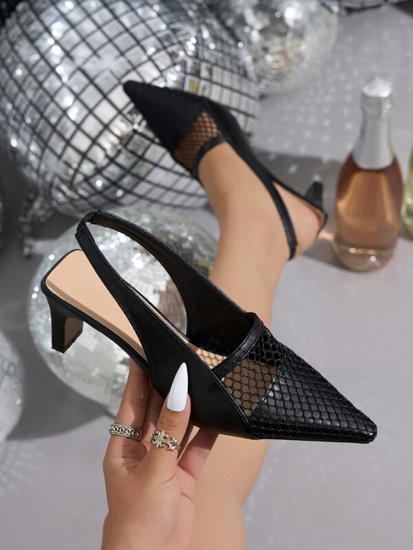Fashion Black Mesh Pointed Toe Stiletto Heels, Versatile Commute Style, Fit For Runway, Season-Round Wear, Popular Design