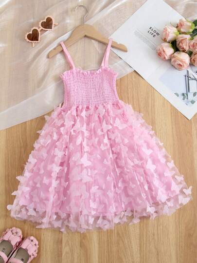 1pc Young Girl Elegant Sweet Princess Dress With 3D Butterfly Embroidery, Tulle Mesh Overlay, Lovely Party/Holiday Dress For All Seasons
