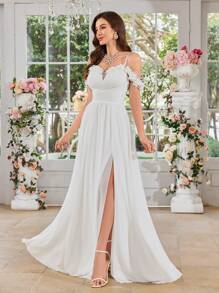 UNITHORSE 女士 V 领吊带荷叶边高开衩白色婚纱，新娘礼服，全白派对礼服 - 白色 - 查看 7