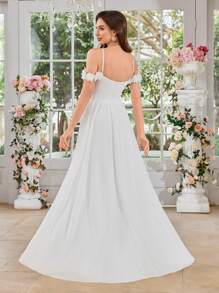 UNITHORSE 女士 V 领吊带荷叶边高开衩白色婚纱，新娘礼服，全白派对礼服 - 白色 - 查看 4