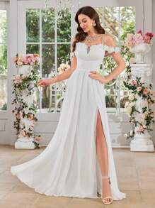 UNITHORSE 女士 V 领吊带荷叶边高开衩白色婚纱，新娘礼服，全白派对礼服 - 白色 - 查看 6